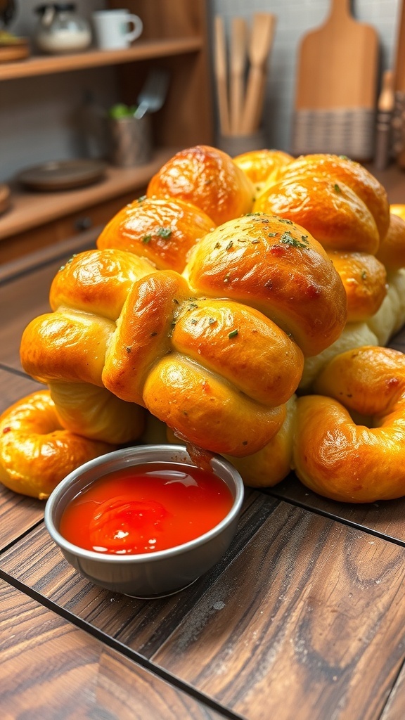 Golden garlic monkey bread on a wooden table with marinara sauce for dipping.